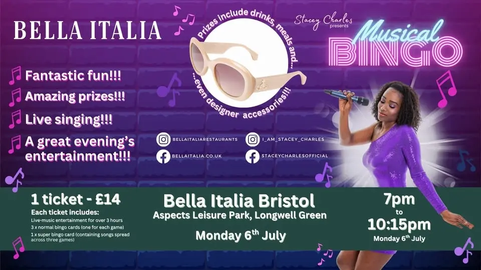 Midweek Musical Bingo at Bella Italia Aspects Leisure Park (Longwell Green) - Monday 6th July 7pm