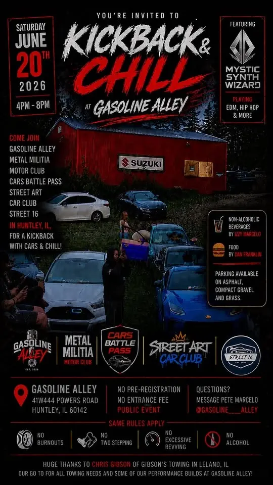 Kickback at Gasoline Alley with Metal Militia, Cars Battle Pass, Street Art Car Club, and Street 16
