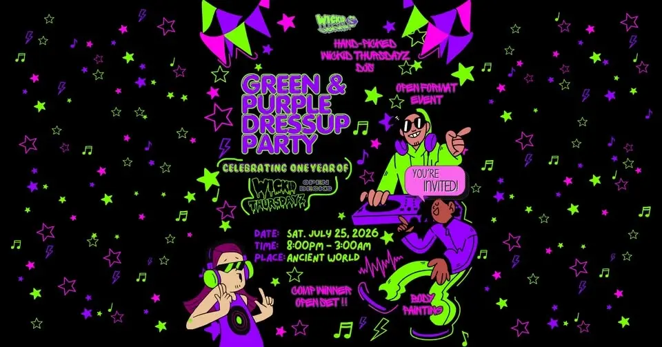 Green & Purple Dress Up Party: celebrating 1 year of open decks!