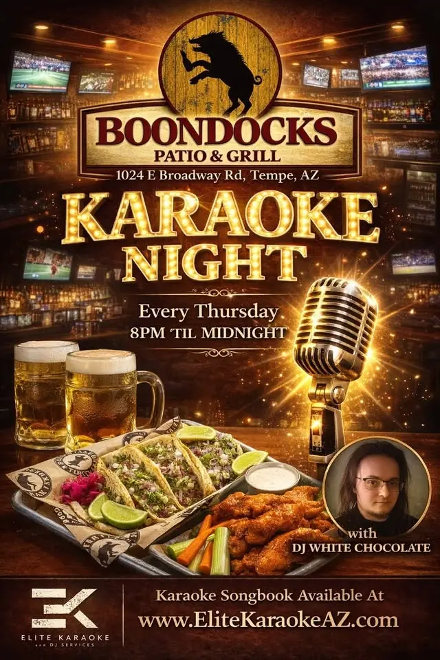 Thursday Night Karaoke at Boondocks Patio & Grill in Tempe, AZ 8p-Midnight w/DJ White Chocolate