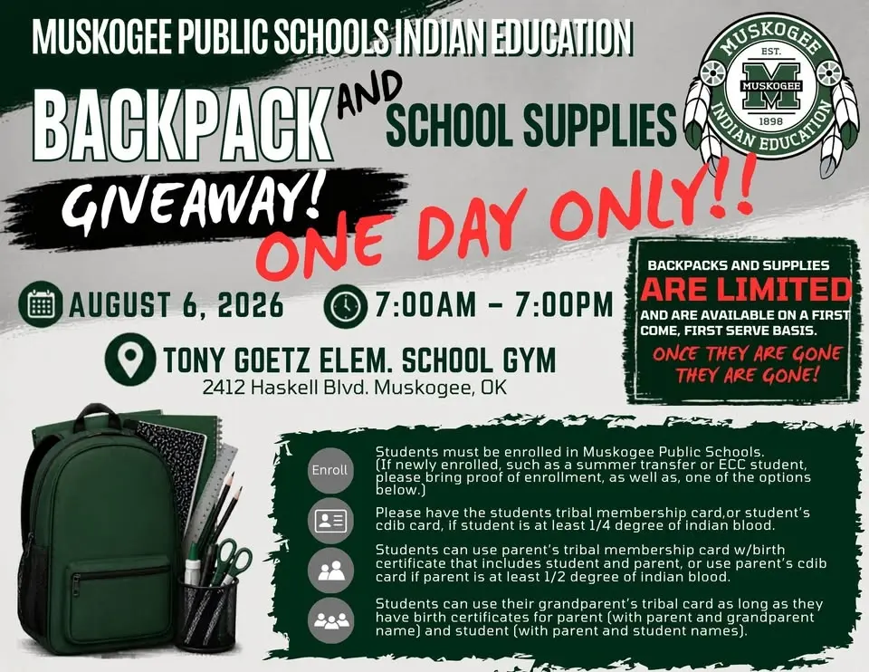 2026 Muskogee Indian Education Backpack and School Supply Giveaway