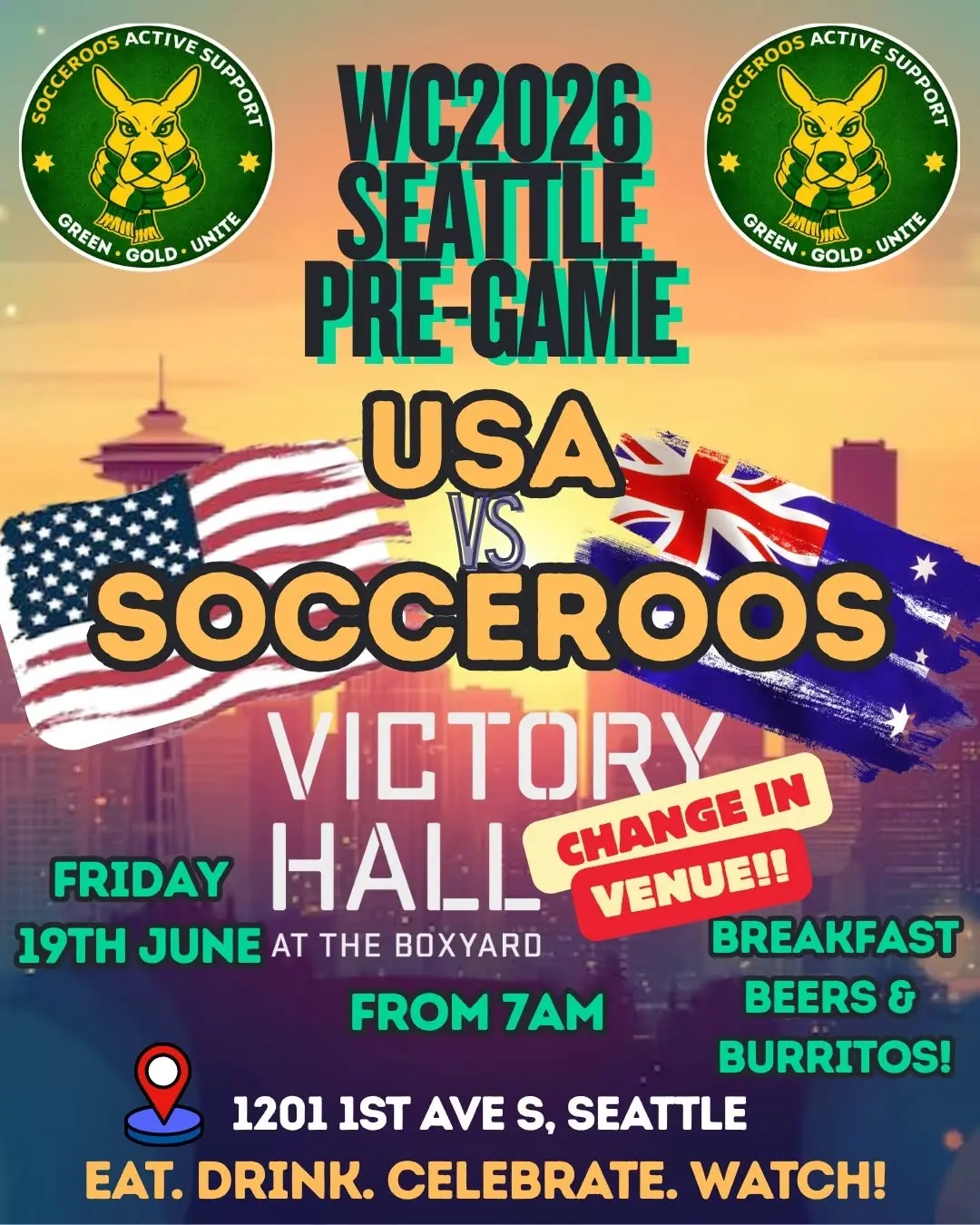NEW VENUE - SEATTLE PRE GAME!!! USA ๐บ๐ธ v๐ฆ๐บ SOCCEROOS