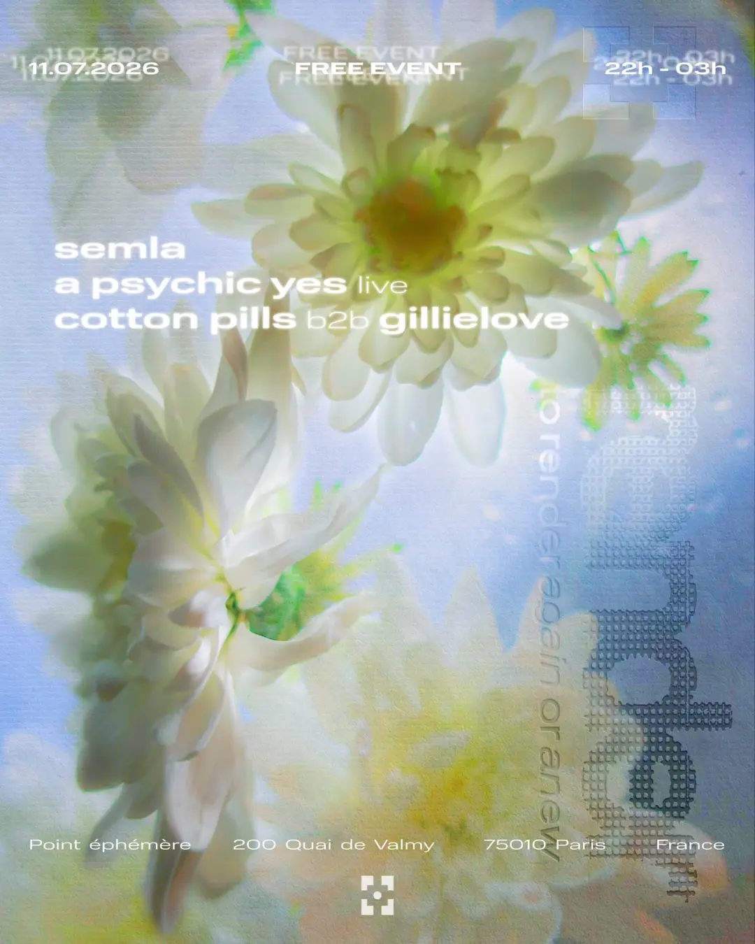 Render presents A Psychic Yes (UK) live, Semla, Cotton Pills b2b Gillielove at Point Éphémère