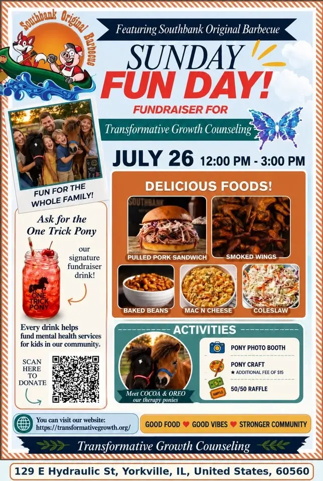 Sunday Fun Day Fundraiser for Transformative Growth Counseling Featuring Southbank Original Barbecue