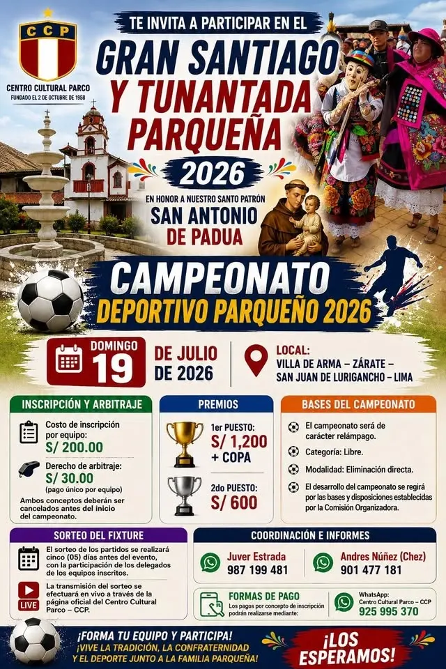 "Gran Santiago y Tunantada Parqueña 2026" y "Campeonato Deportivo Parqueño 2026"