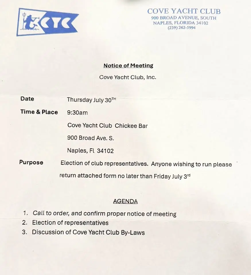 Cove Yacht Club Meeting - Members ONLY