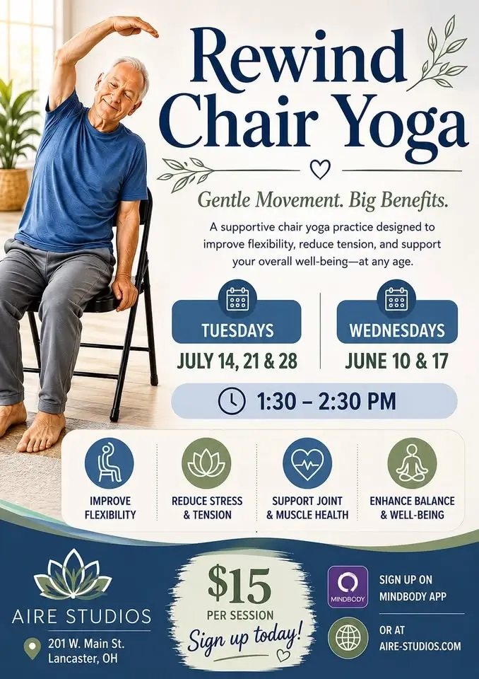FREE! Rewind Chair Yoga at Aire Lancaster, Ohio, June 10 & 17; July 14, 21 &18 at 1:30 PM