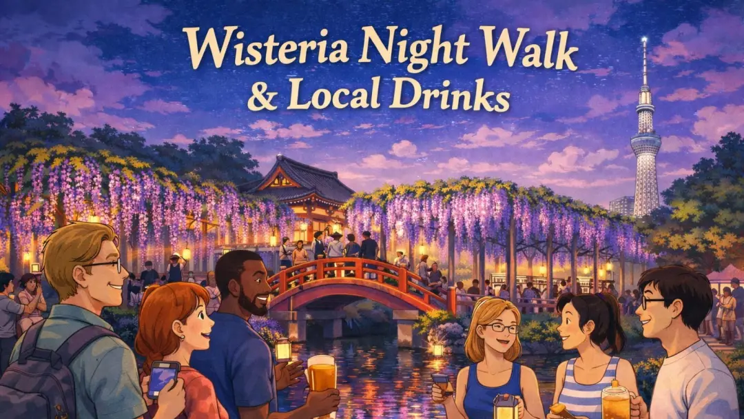 🌸 Wisteria Night Illumination Walk & Local Drinks 🍻 Kameido Yokocho Experience