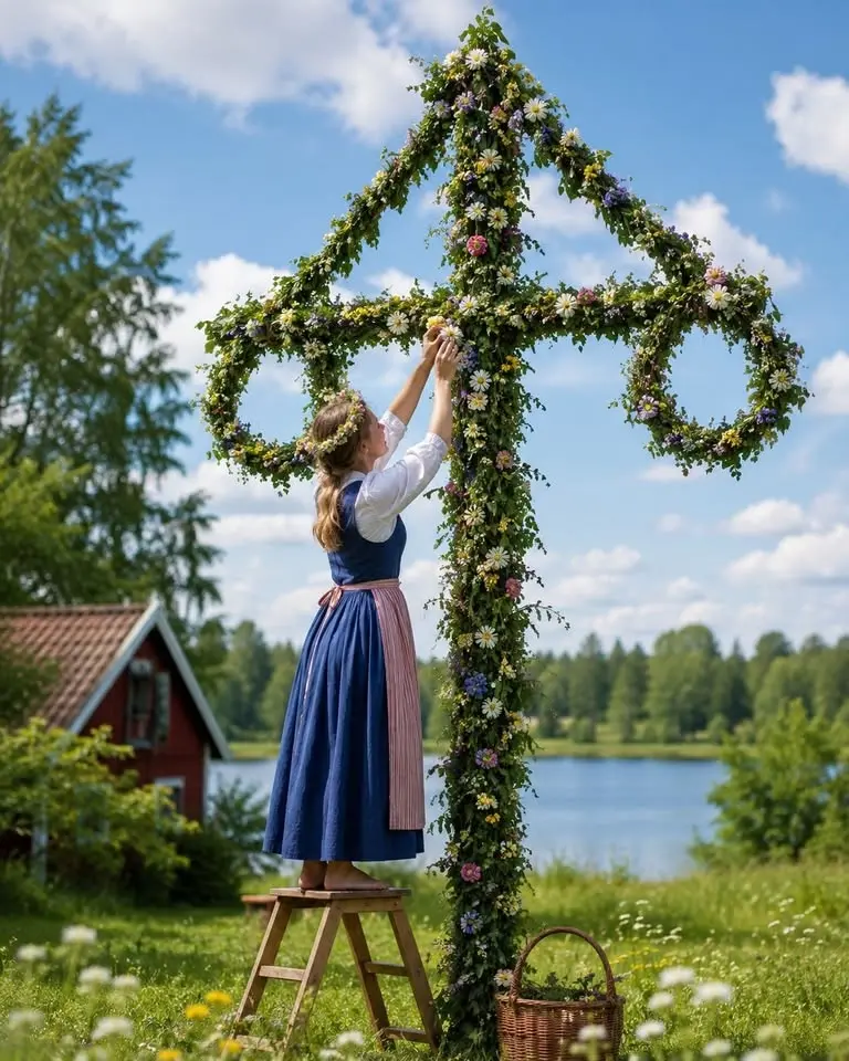 Vi klär byns midsommarstång tillsammans