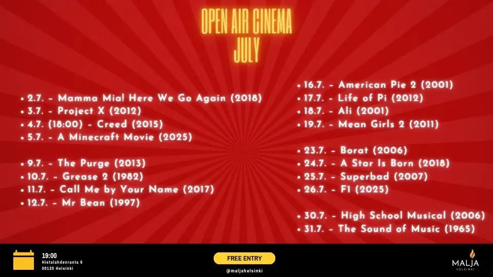 Open Air Cinema / Malja Helsinki / July / Free Entry!