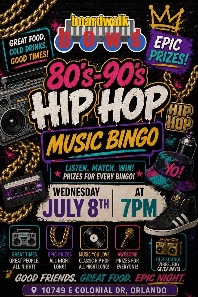 80's-90's Hip Hop Music Bingo @ Boardwalk Bowl Orlando