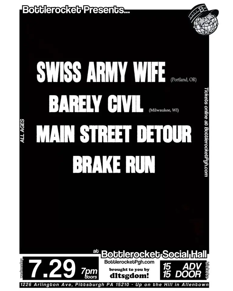 Swiss Army Wife w/ Barely Civil + Main Street Detour + Brake Run at Bottlerocket Social Hall