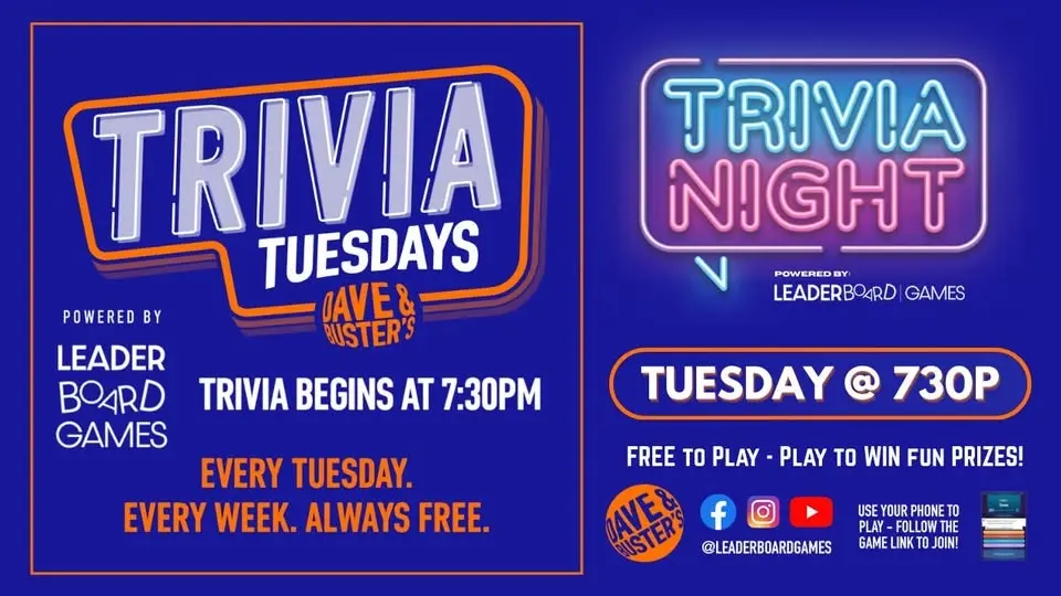 Trivia Night TUESDAY 730p | Dave & Buster's - Concord CA @LeaderBoardGames