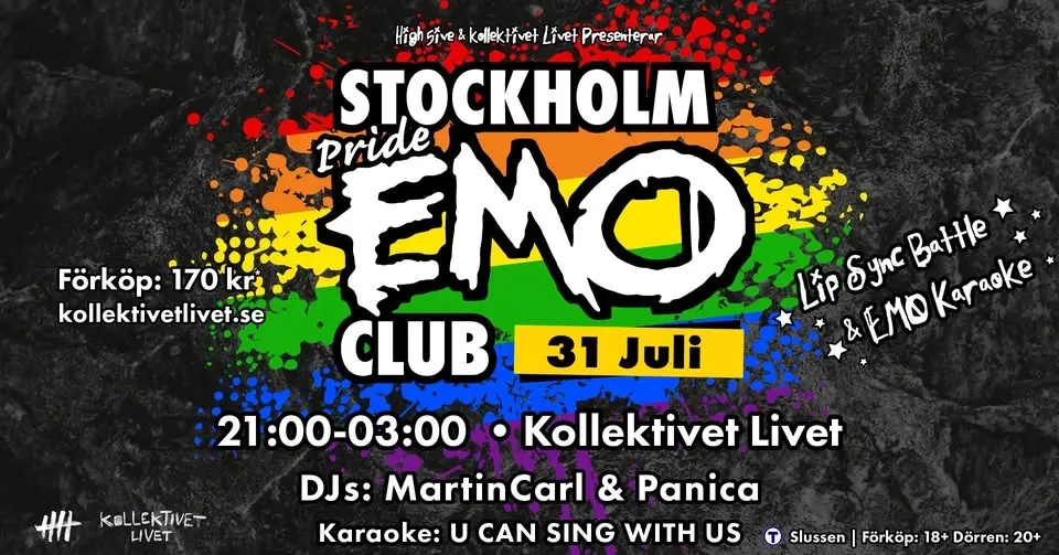 Stockholm PRIDE EMO Club | Fredag 31 Juli 🏳️‍🌈🏳️‍⚧️