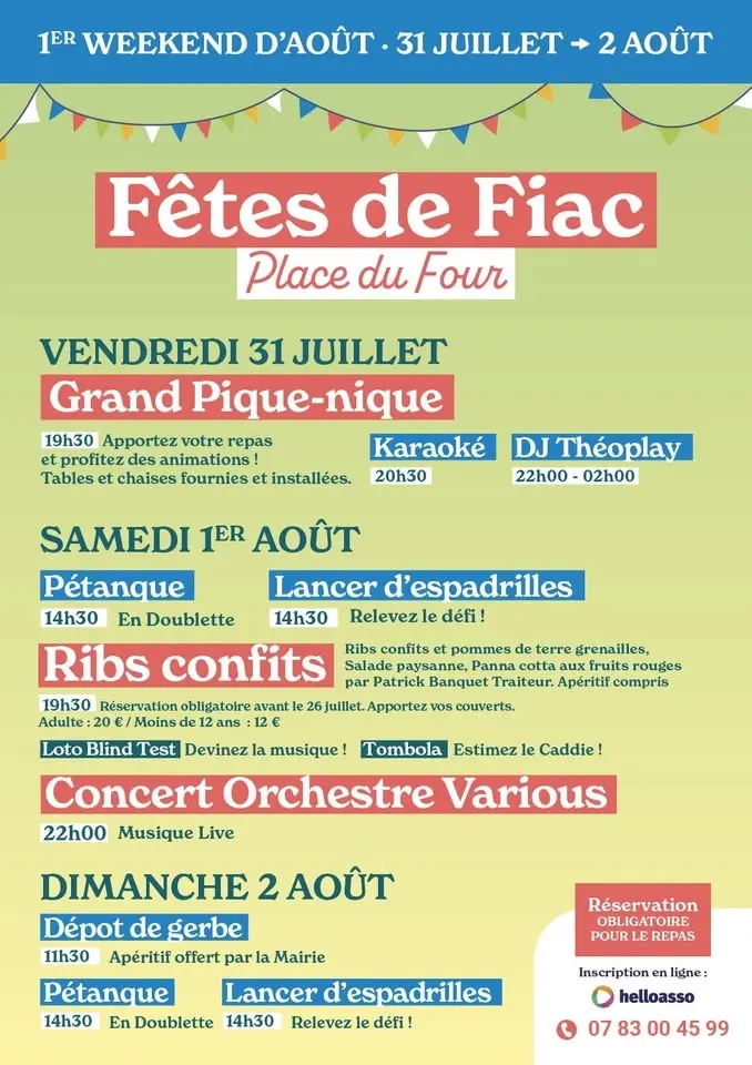 Fêtes de Fiac 2026 - Concert VARIOUS, DJ THEOPLAY, GRAND PIQUE-NIQUE, Karaoké, Pétanque, Tombola