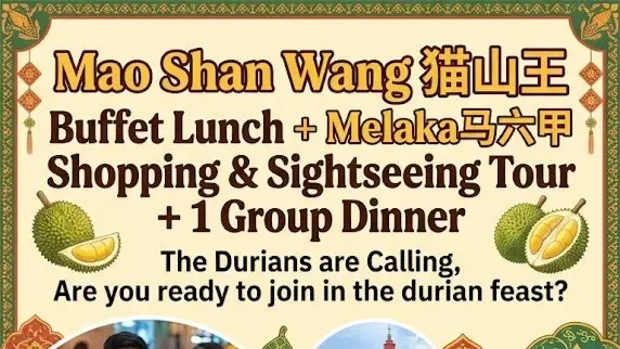✅Mao Shan Wan猫山王 Buffet Lunch + Melaka马六甲 Sightseeing & Shopping Tour