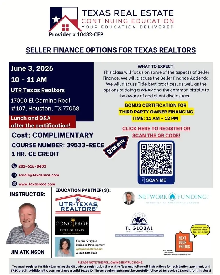 In Person – COMPLIMENTARY – Seller Finance Options for Texas Realtors – June 3rd