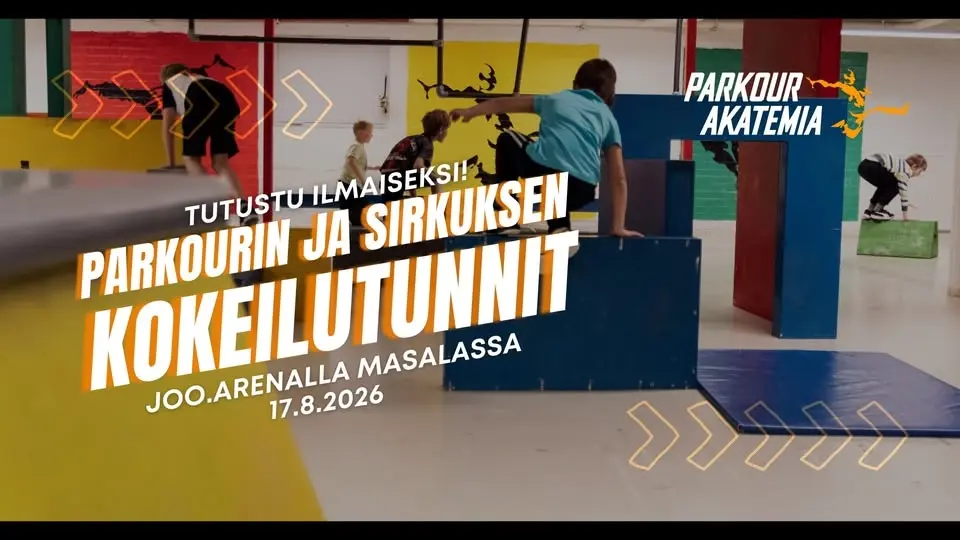 Parkourin ja sirkuksen kokeilutunnit lapsille Joo.Arenalla