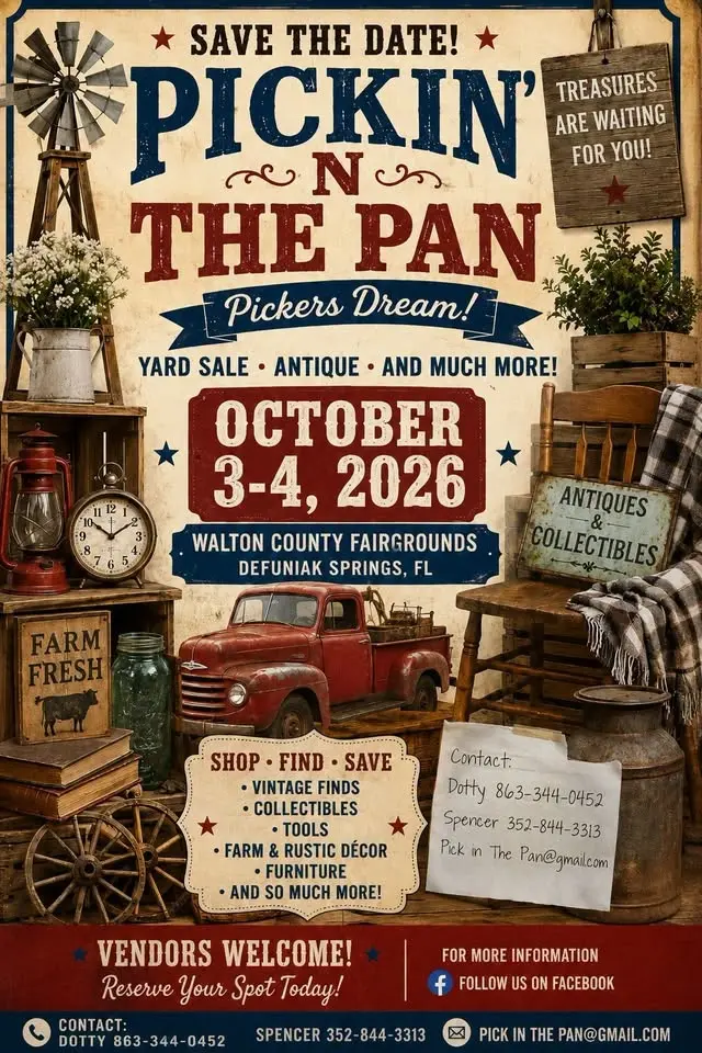 October 3-4, 2026
Pickin N The Pan
Multi State/Mega Yard Sale, Antiques & Collectables