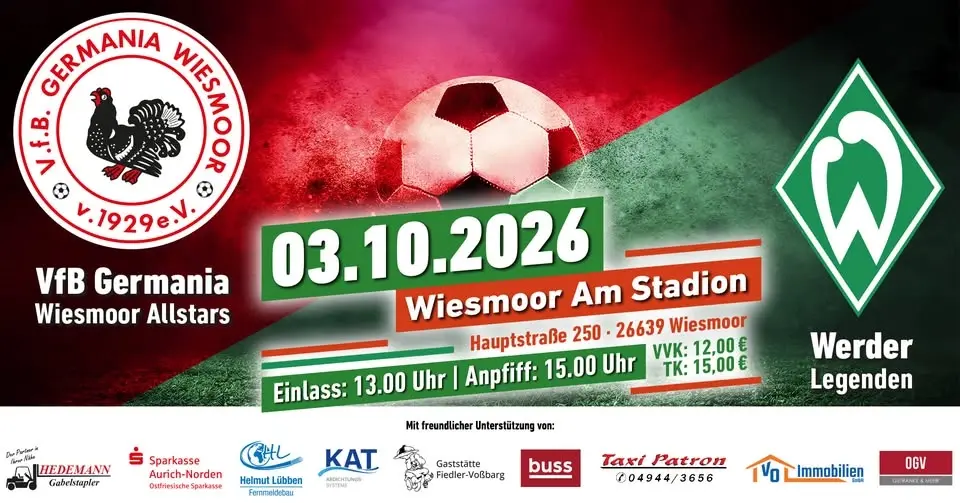 VfB Germania Wiesmoor Allstars - Werder Legenden - 03.10.2026 - Am Stadion Wiesmoor