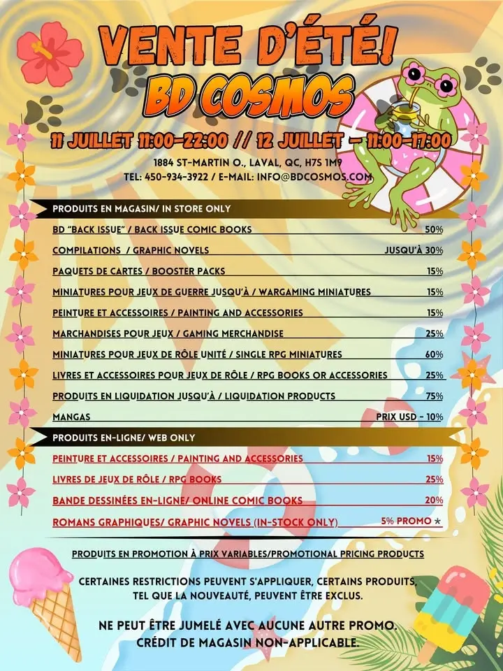 VENTE D'ÉTÉ ANNUELLE DU BD COSMOS! ANNUAL SUMMER SALE AT BD COSMOS!