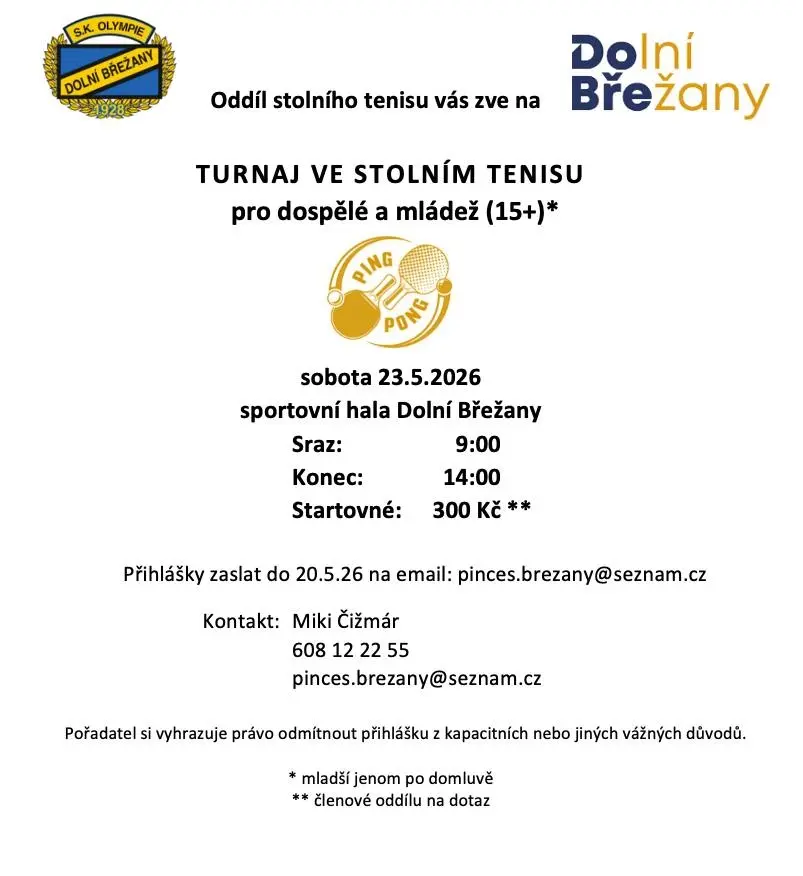 TURNAJ VE STOLNÍM TENISU pro dospělé a mládež (15+)