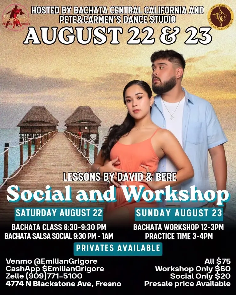 Social and Bachata Workshops August 22 & 23 at Pete&Carmen’s Dance studio