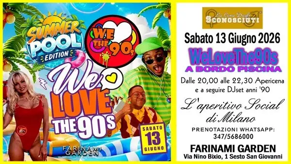 Aperitivo social a bordo Piscina e DJset anni '90: Sabato 13 Giugno 2026 h 20,00