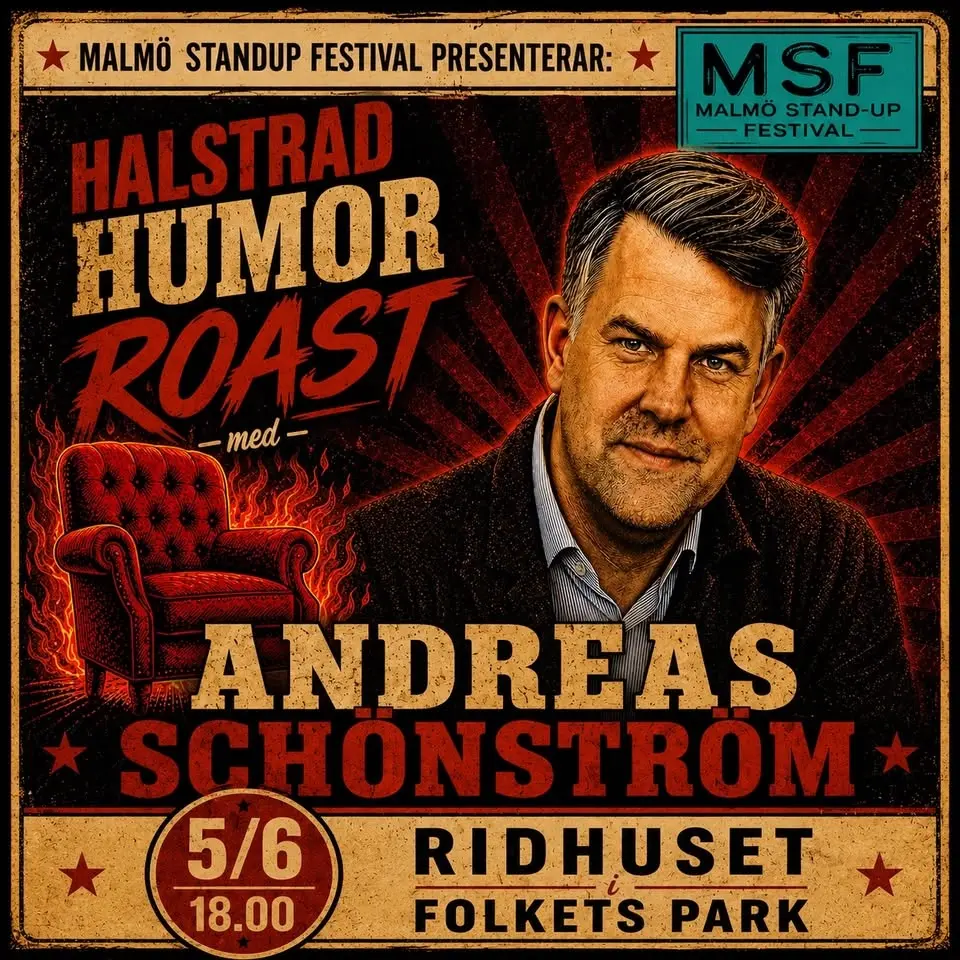 Halstrad Humor Roast av Andreas Schönström. Grillmästare komikern Lena Frisk och hennes komikerpanel