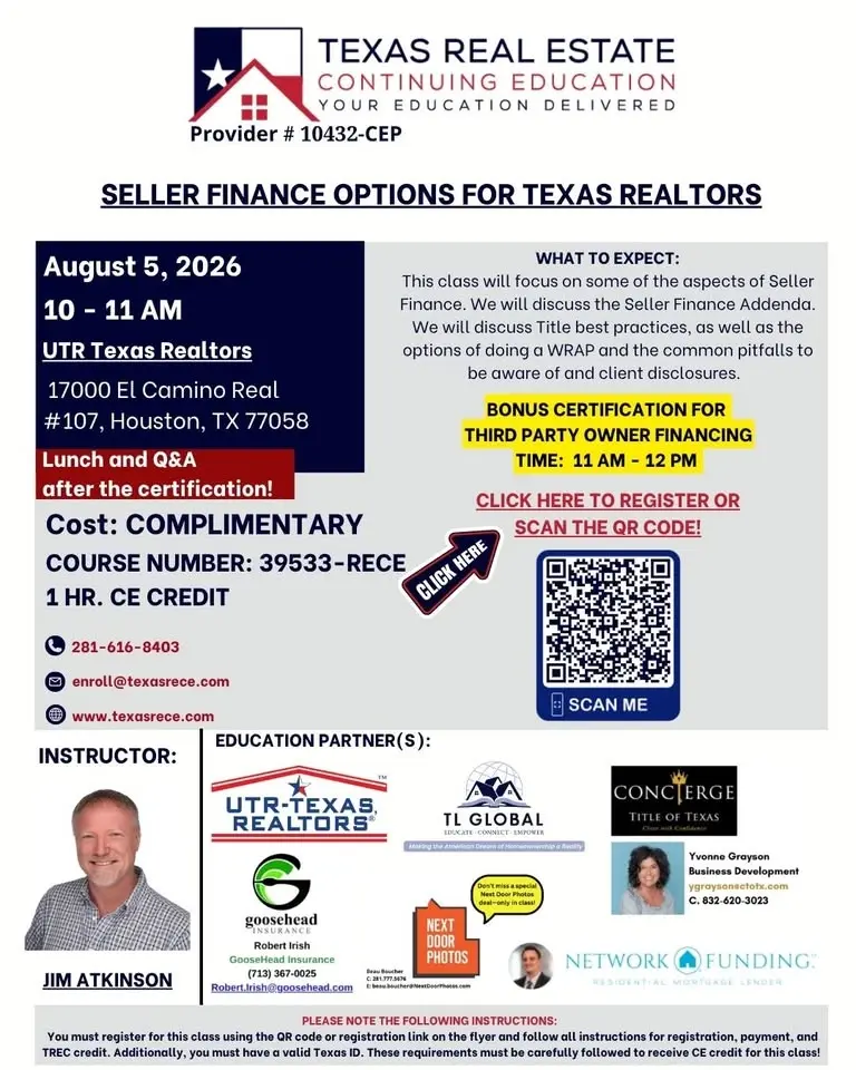 In Person – COMPLIMENTARY – Seller Finance Options for Texas Realtors – August 5, 2026
