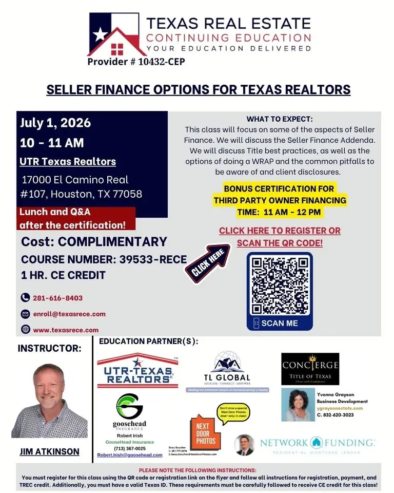 In Person – COMPLIMENTARY – Seller Finance Options for Texas Realtors – July 1, 2026
