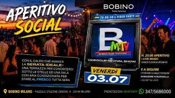 Venerdì 3 Luglio Aperitivo, Fresh Party con Terrazza e DJset anni ’80 al Bobino