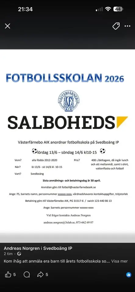 Fotbollsskola 2 dagar kl 10-15