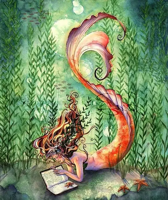 Lost in a book Mermaid Watercolor & Colored Pencil