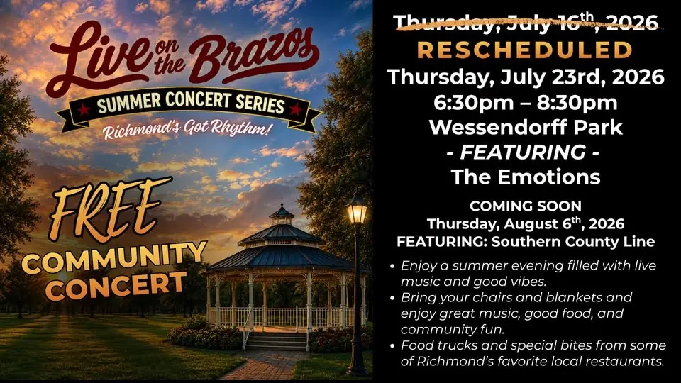RESCHEDULED Live On the Brazos Summer Concert Series to next week!
