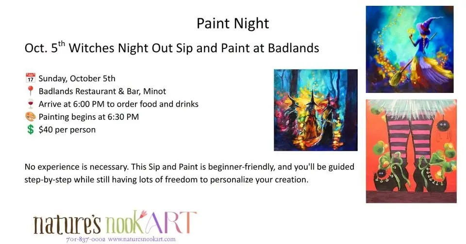 Oct. 5th A witches' Night Out Sip and Paint at Badlands Resturant