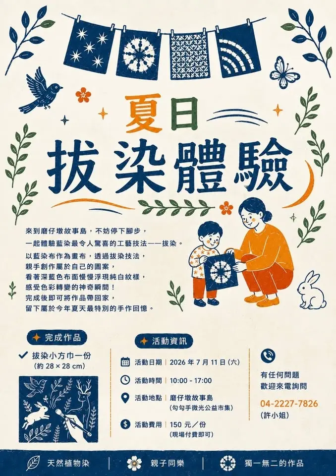 【2026 磨仔墩故事島 20 週年 × 勾勾手微光公益市集】 🎐 拔染藍染體驗|開始報名!