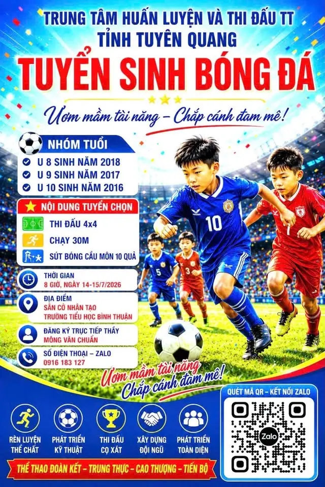 Thông báo tuyển sinh VĐV đội tuyển trẻ, đội tuyển năng khiếu môn bóng đá tỉnh Tuyên Quang năm 2026