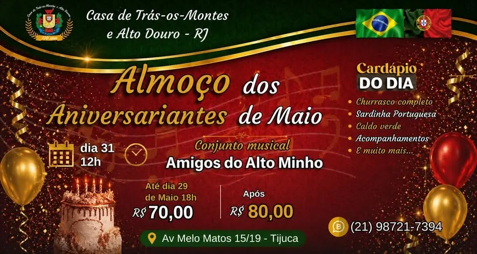 Venha comemorar o Almoço dos Aniversariantes de Maio