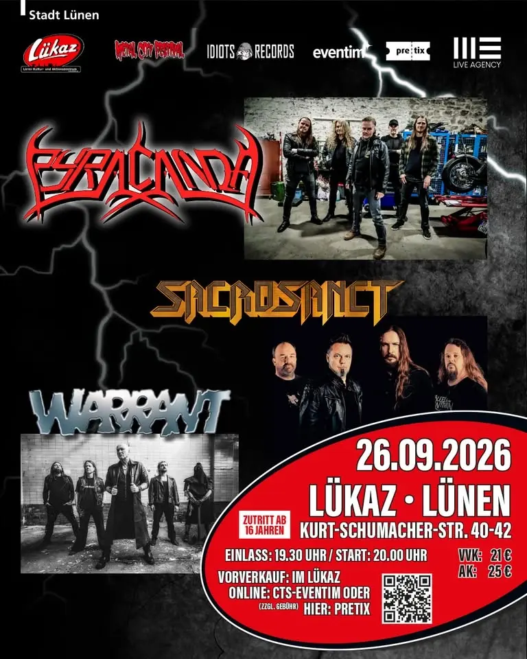 Metal Night mit PYRACANDA, SACROSANCT und WARRANT im Lükaz