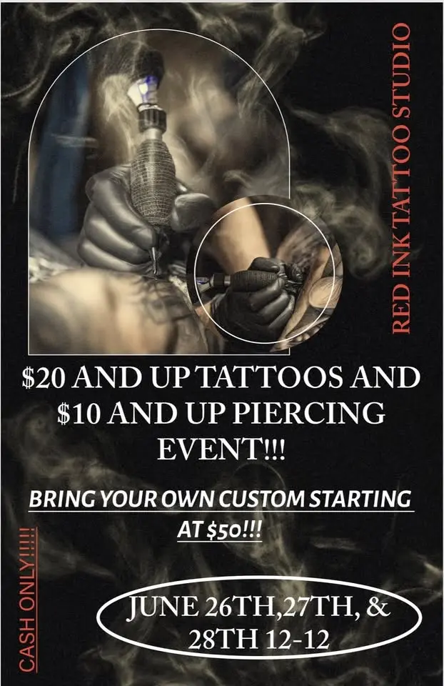 JUNE 26TH, 27TH, & 28TH FLASH $20 AND UP TATTOOS AND $10 AND UP PIERCINGS EVENT