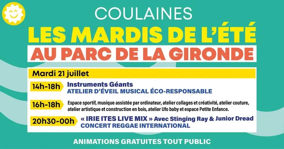LES MARDIS DE L'ÉTÉ au Parc de la Gironde - Mardi 21 juillet : Instruments géants, reggae, ateliers