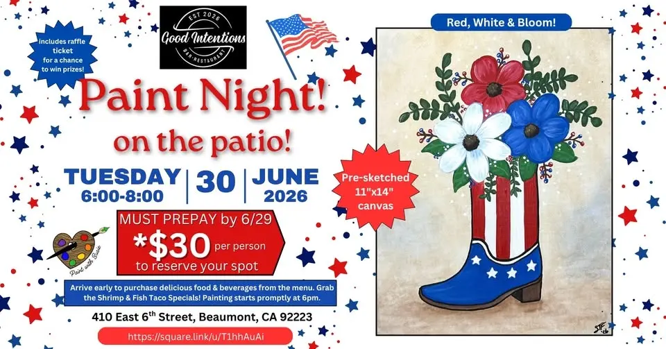 SOLD OUT!! Paint Night on the Patio at Good Intentions Bar & Restaurant, 6/30"Red, White & Bloom!"