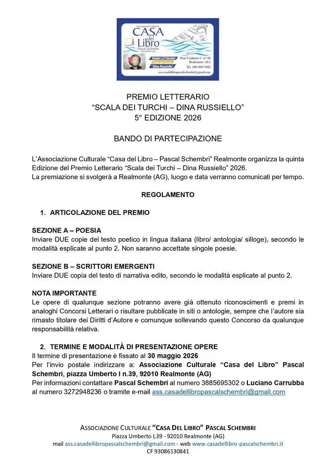PREMIO LETTERARIO "SCALA DEI TURCHI - DINA RUSSIELLO" 5° EDIZIONE 2026