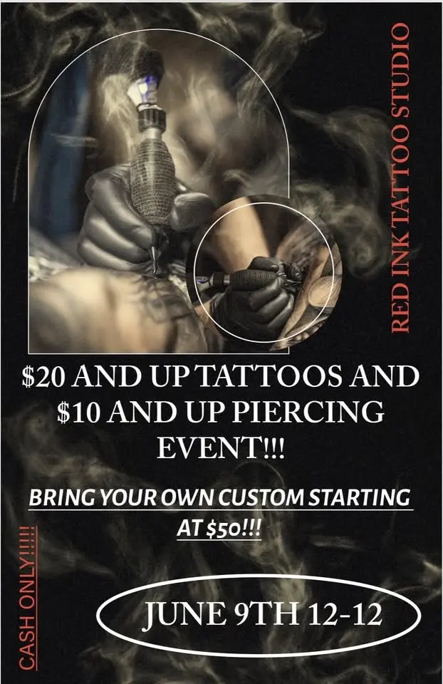 JUNE 9TH FLASH $20 AND UP TATTOOS AND $10 AND UP PIERCINGS EVENT