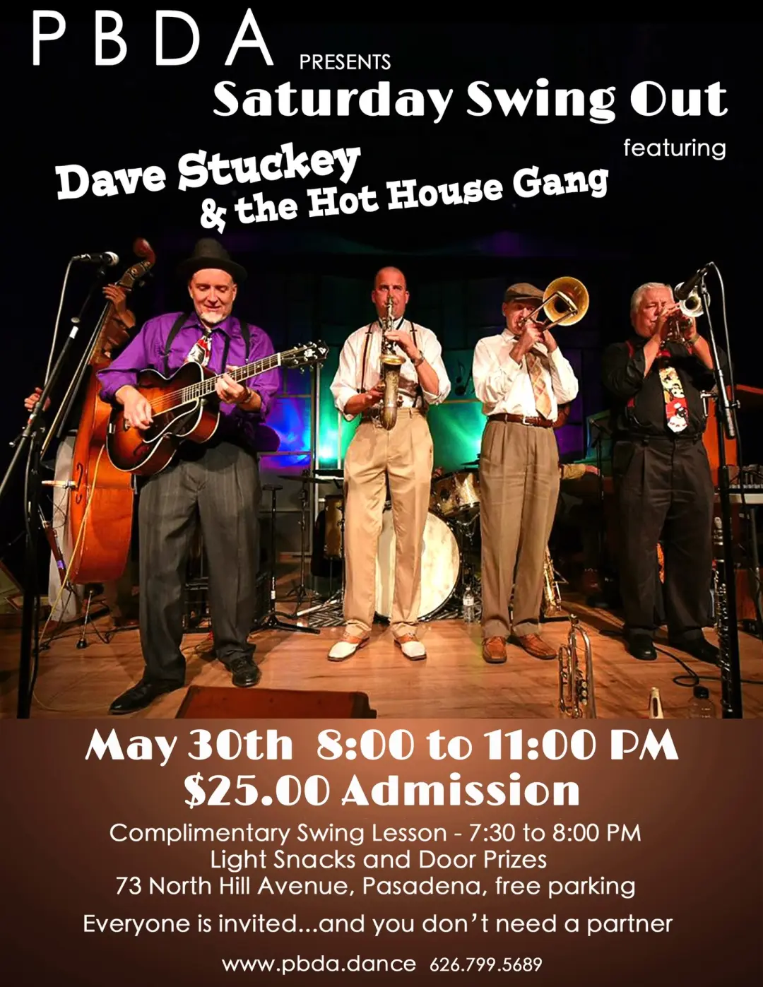 DAVE STUCKEY & the HOT HOUSE GANG- THIS SATURDAY NIGHT - MAY 30th, at PBDA!