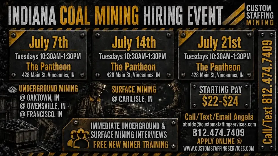 Indiana Coal Mining Job Fairs - July 7th, 14th, and 21st