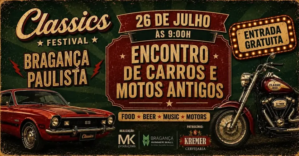Encontro de Carros e Motos Antigos e Clássicos em Bragança Paulista