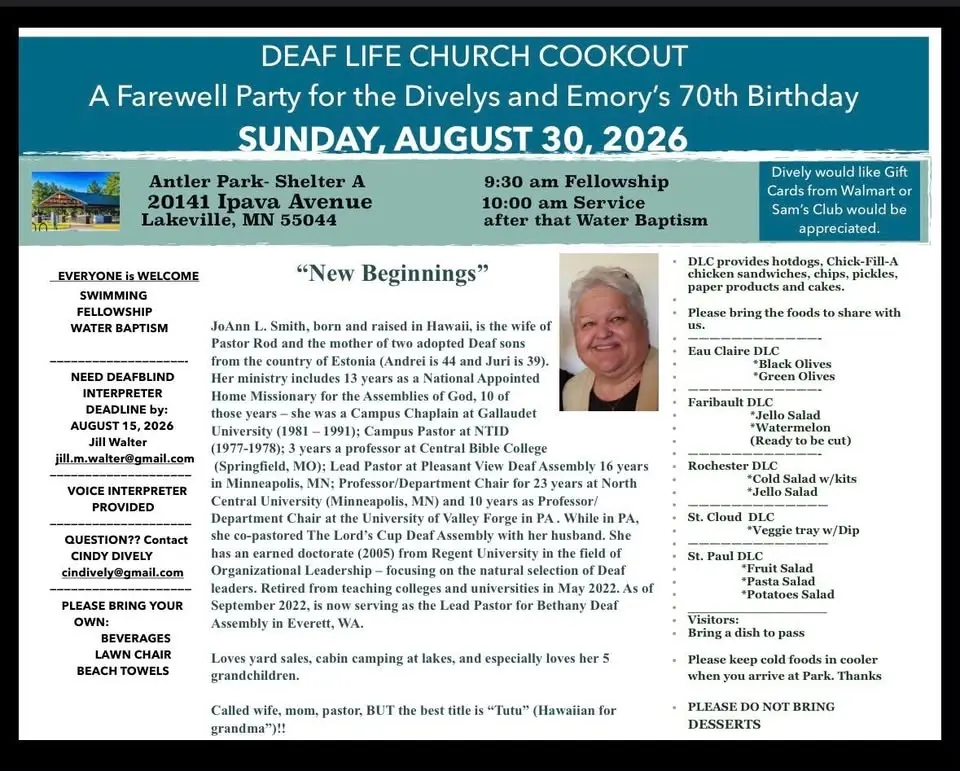 Deaf life church cookout and farewell party for the Divelys and Emory’s 70th birthday 