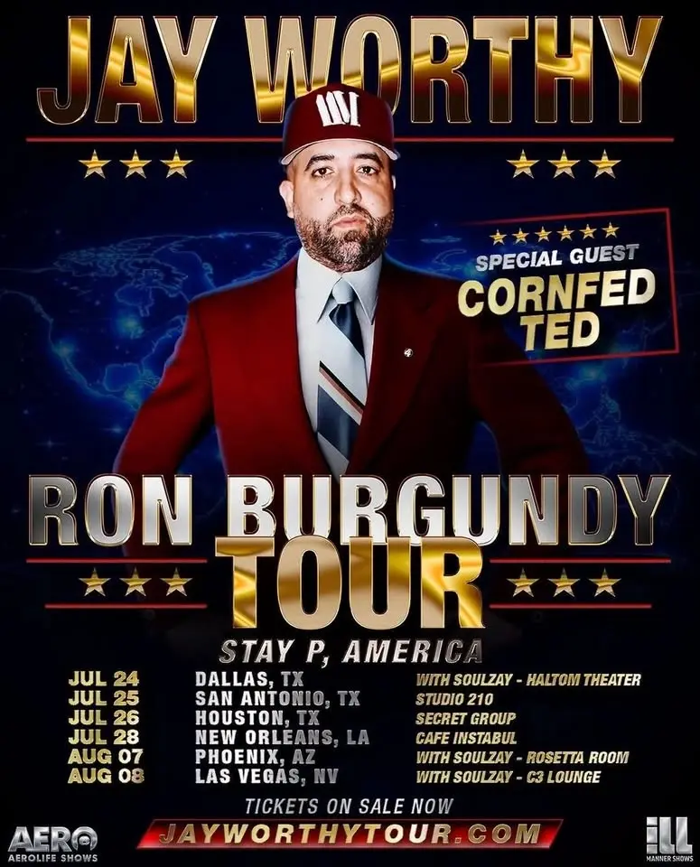JAY WORTHY live on the Ron Burgundy Tour this summer with CORNFED TED & SOULZAY*